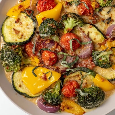 Golden oven-roasted vegetables tossed in rich parmesan sauce for a stunning Marry Me vegetable medley