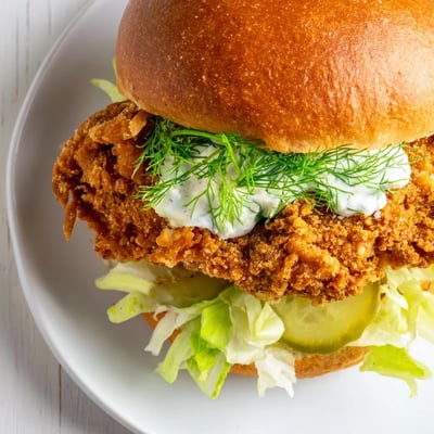 Handheld sandwich featuring crunchy fried chicken breast seasoned with aromatic dill and creamy homemade mayo spread