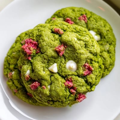 Chewy matcha green tea cookies studded with sweet freeze-dried strawberry chunks