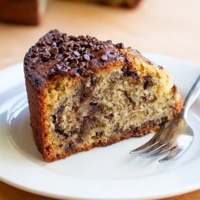 Moist Banana Chocolate Chip Cake Recipe sliced with vanilla ice cream scoop