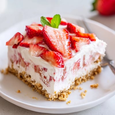 A slice of No Bake Strawberry Shortcake Dessert topped with mint, glossy berries