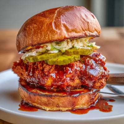 Buttered brioche holding Spicy Nashville Hot Chicken Sandwiches, juicy thighs and creamy slaw