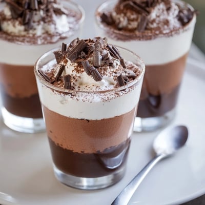 Chilled Triple Chocolate Mousse Cups topped with shaved chocolate, creamy chocolate aroma