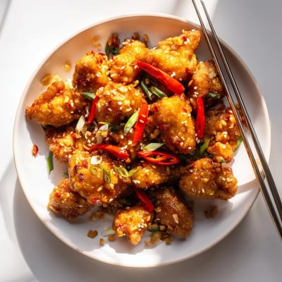 Crispy fried orange chicken tossed in tangy glaze served over white rice with fresh scallions