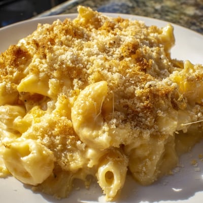 Baked mac and cheese bubbling with melted sharp cheddar and mozzarella cheeses