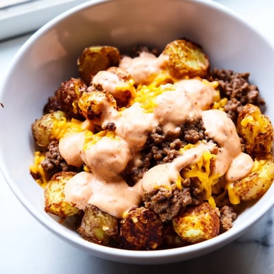 Hearty loaded smash burger bowls with melted cheddar fresh lettuce and crispy smashed potatoes
