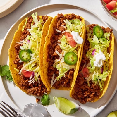 Close-up of Crispy Beef Tacos loaded with seasoned meat, lettuce, and tangy sour cream