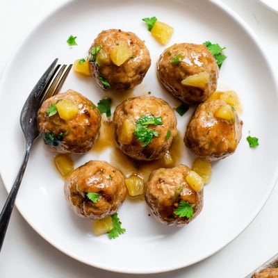 Juicy sweet pineapple chicken meatballs garnished with cilantro served over steamed white rice