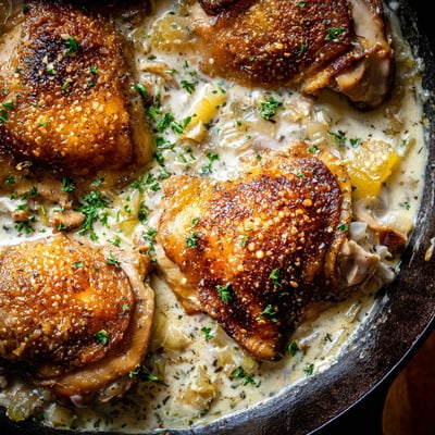 Crispy skinned oven baked chicken thighs nestled in a rich bubbling cream sauce