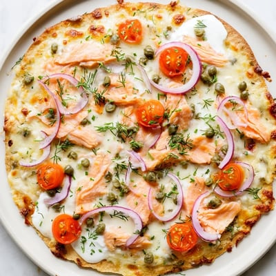 Golden baked salmon tortilla pizza topped with red onions, tomatoes, and bubbling cheese