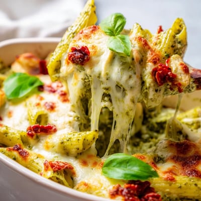 Creamy pesto chicken pasta bake with sun-dried tomatoes in a rustic baking dish