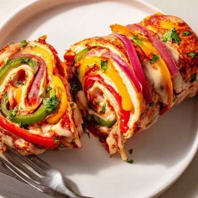 Juicy baked chicken fajita roll ups stuffed with sautéed onions and bubbling cheese, fresh from the oven.